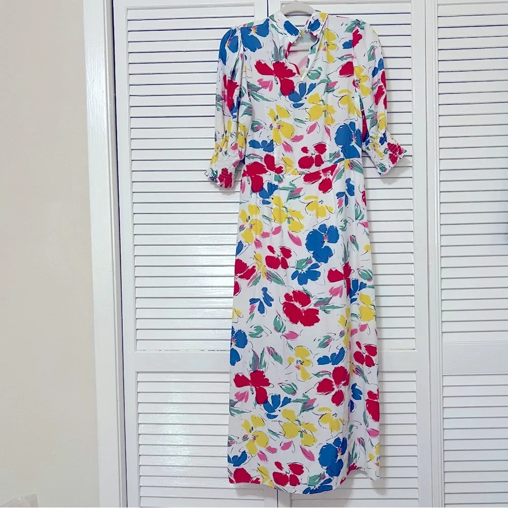 Rixo white Floral multicolored Mock Neck Cascade Ruffle Dress short sleeves sz 6 - Picture 12 of 16